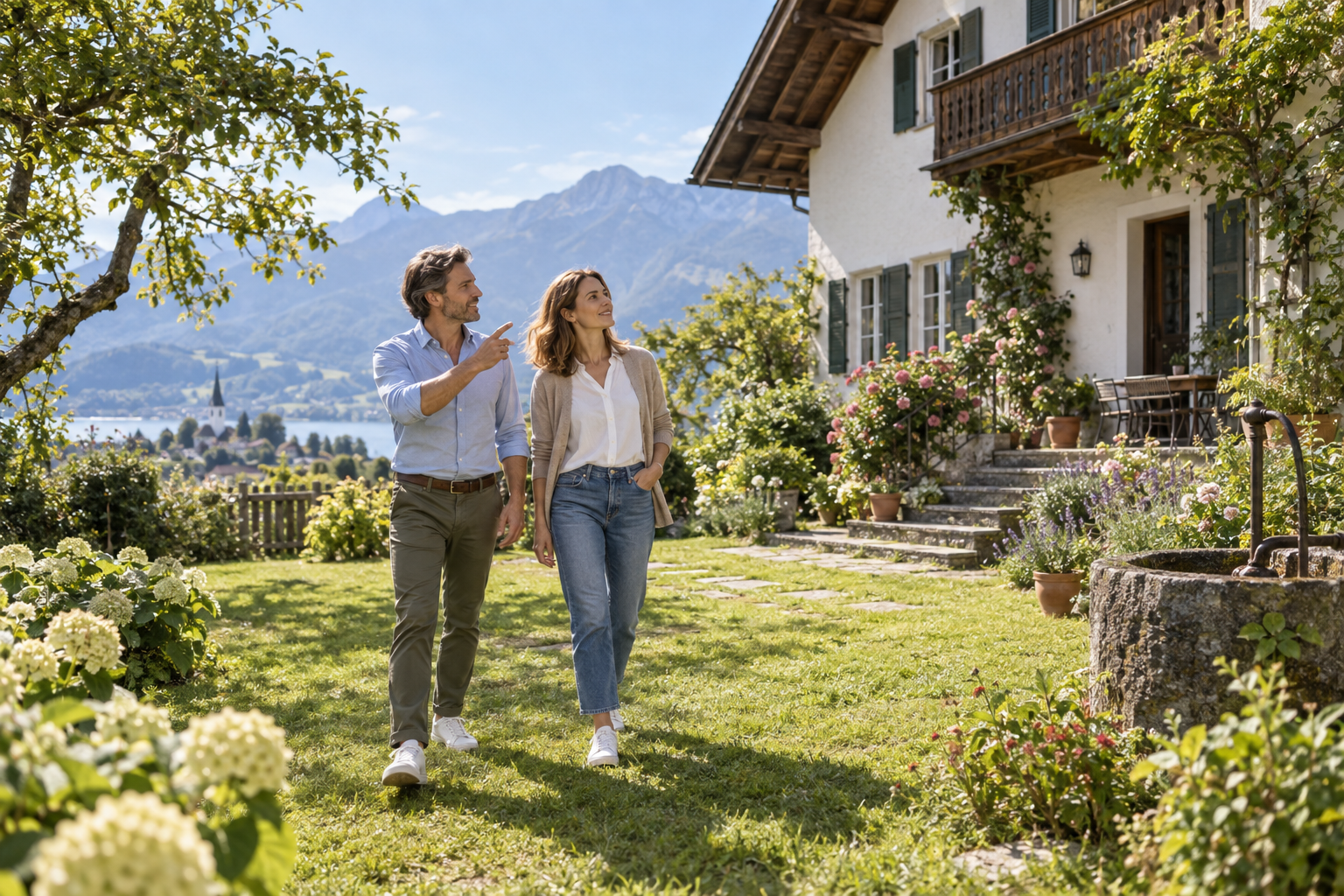 Bruder und Schwester betrachten gemeinsam ein geerbtes Haus mit Garten